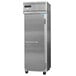 A stainless steel Continental Refrigerator with solid half doors on wheels.