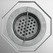 A stainless steel floor trough with a grate and circular perforations, designed for drainage.