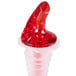 A red plastic Tablecraft liquor pourer with a clear plastic spout.