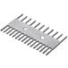 A grey metal comb with holes.