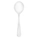 A close-up of a Walco stainless steel bouillon spoon with a white handle.