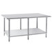 A stainless steel Advance Tabco work table with a galvanized undershelf.