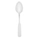 A Walco stainless steel dessert spoon with a white handle on a white background.