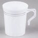 A white Fineline plastic coffee mug with silver stripes.