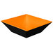 An orange and black square melamine bowl with a lid.