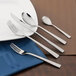 A white plate with a Walco Audition stainless steel bouillon spoon on it.