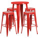 A Flash Furniture red metal bar table with 4 square seat backless stools.