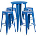 A Flash Furniture blue metal bar height table with 4 square seat backless stools.