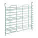 A green metal wire rack with many shelves.