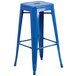 A blue metal bar height stool with a square seat.