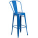 A blue metal bar stool with a square seat.