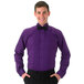 A person wearing a purple Henry Segal tuxedo shirt with a black bow tie.