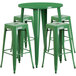 A Flash Furniture green metal bar table with four square stools.