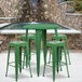 A green metal bar table with a green surface and legs with four green square seat stools.