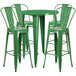 A Flash Furniture green metal bar table with four green metal bar stools.