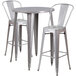 A Flash Furniture metal bar height table with a silver band and 2 metal cafe stools.