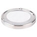 A round silver object with a white circle lid.