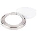 A stainless steel circular lid for Cal-Mil Mixology Jars with a clear lid.