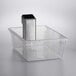 A clear plastic container with a silver rectangular object inside.
