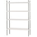 A white metal Advance Tabco shelving unit with four shelves and chrome posts.