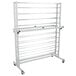 A white metal rack with wheels.