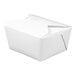 A white microwavable paper take-out container with a folded lid.
