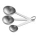 A group of Tablecraft stainless steel measuring spoons with handles.