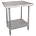 An Advance Tabco stainless steel work table with a stainless steel undershelf.