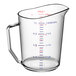 A clear Cambro measuring cup with red and blue markings.