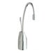 A silver InSinkErator hot water dispenser faucet with a curved spout.