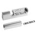 A stainless steel door hinge assembly with multiple components, including a mounting plate and cover.