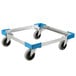 A Carlisle aluminum glass rack dolly with blue wheels on a metal frame.