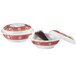 A white and red GET Dynasty Longevity bowl with a lid on a counter with chopsticks in it.