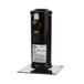 A black air compressor with a white label and valve.