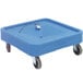 A blue plastic container with wheels.