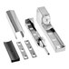 Stainless steel hinge hardware for an Alto-Shaam refrigeration door.