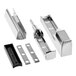 A group of stainless steel hinges for a door.