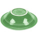 A green bowl with a white rim.
