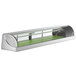 A Hoshizaki refrigerated sushi display case with curved glass and a green shelf.