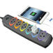 A Kensington SmartSockets power strip with multiple outlets and a smartphone plugged in.
