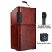 A wooden Oklahoma Sound mahogany on walnut finish lectern with a microphone and rechargeable battery.