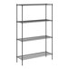 A black wire shelving unit with four shelves.