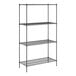 A black wire shelving unit with four shelves.