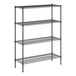 A black wire shelving unit with four shelves.