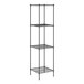 A black wire shelving unit with four shelves.