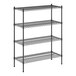 A black wire shelving unit with four shelves and poles.