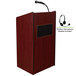 A mahogany wooden lectern with a microphone and wireless headset.