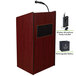 A mahogany wooden lectern with a microphone and rechargeable battery.