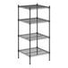 A black wire shelving unit with four shelves.