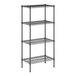 A black wire shelving unit with four shelves.